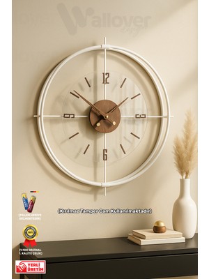 Büyük Boy Jumbo Sessiz Metal Duvar Saati 55X55, Beyaz ve Ceviz Detaylı