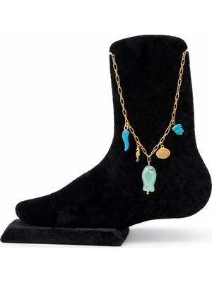 Pangu Deniz Temalı Turkuaz Taşlı Mineli ve Seramik Boncuklu Çelik Halhal