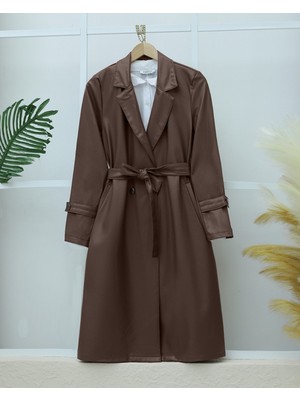 Moda Morfo Kemerli Yan Cepli Deri Trenckot -Kahve