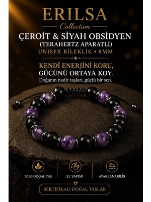 Erilsa Sertifikalı Çeroit Siyah Obsidyen Terahertz Bileklik - 8 mm Doğal Taş Unisex Ayarlanabilir