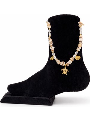 Pangu Kaplumbağa Figürlü Kabuk ve Inci Boncuklu Çelik Halhal