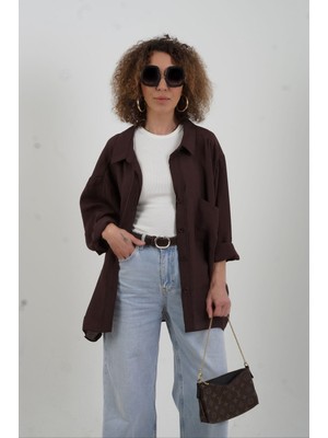 Zelish My Sister Vintage Kahve Omzu Düşük Oversize Gömlek
