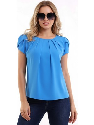 Droptan Yuvarlak Pileli Yakalı Kol Detaylı Rahat Kesim Kısa Kol Şık ve Cool Bluz