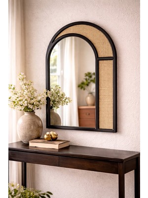 Vinner Dekoratif Duvar Aynası 50X80 cm Siyah Çerçeve Cane Hasır Detaylı Modern Bohem Kemer Ayna Salon Antre