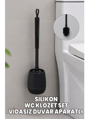 Destpak Siyah Silikon Klozet ve Wc Fırçası - Paslanmaz Alüminyum Sap - Vidasız Duvar Askılı Güçlü Yapışkan