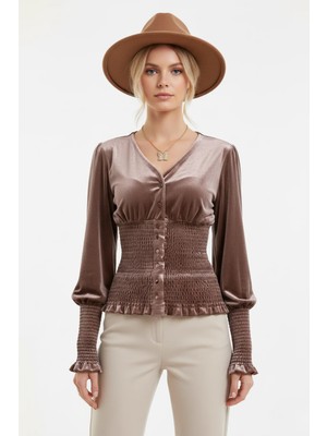 Droptan Kadın Bel Vurgulu Uzun Manşetli Kadife V Yaka Balon Kol Bluz