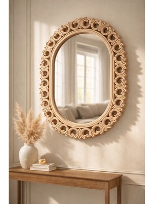 Vinner Natürel Ahşap Oymalı Oval Duvar Aynası – El Işçiliği Premium Dekoratif Ayna (Modern Klasik)