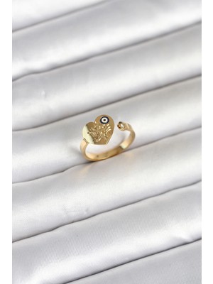 Flamex 316L Çelik Gold Renk Nazar Detaylı Kalp Model Kadın Yüzük