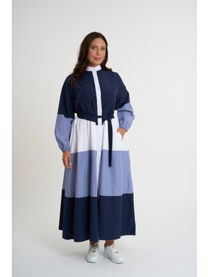 HANIQA Lacivert - Garnili Kuşaklı Gömlek Elbise