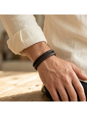 Vaoov Çift Sıra Kahverengi ve Siyah Deri Erkek Bileklik