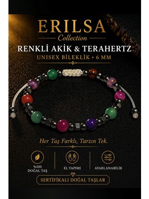 Erilsa Sertifikalı Renkli Akik Terahertz Bileklik 6 mm Doğal Taş Unisex Ayarlanabilir - Şık Tasarım
