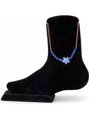 Pangu Yıldız Figürlü Mavi Seramik Boncuklu Çelik Halhal