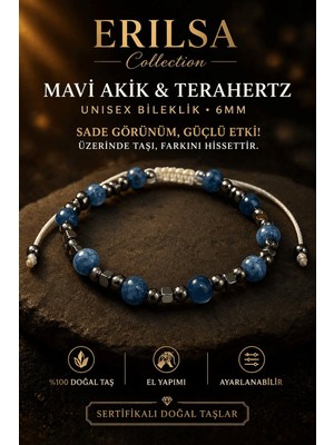 Erilsa Sertifikalı Mavi Akik Terahertz Bileklik - 6 mm Doğal Taş Unisex Ayarlanabilir Şık Tasarım