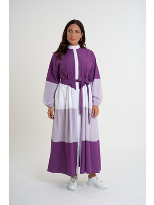 HANIQA Lacivert - Garnili Kuşaklı Gömlek Elbise