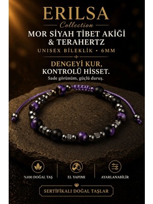 Erilsa Sertifikalı Terahertz Mor Siyah Tibet Akiği - Ham Çeroit Bileklik - 6 mm Doğal Taş Unisex