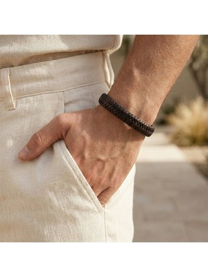 Vaoov Kahverengi Örgü Detaylı Deri Erkek Bileklik