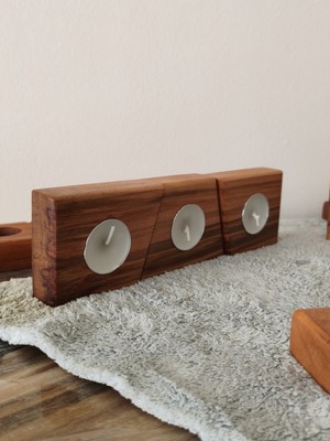 Doğal Ahşap El Yapımı Mumluk – Kayın (Gürgen) Ahşap – Üçlü Set