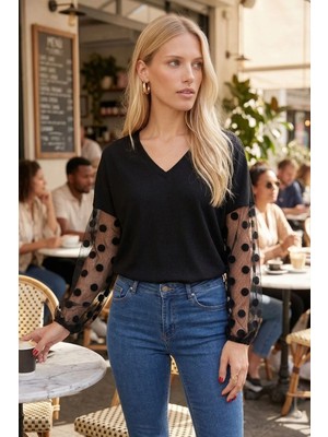 Armonika Kadın Siyah V Yaka Yarasa Kol Kolları Desenli Bluz ARM-26Y001065