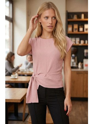 Armonika Kadın Pudra Yuvarlak Yaka Önü Büzgü Detaylı Likralı Bluz ARM-26Y001072