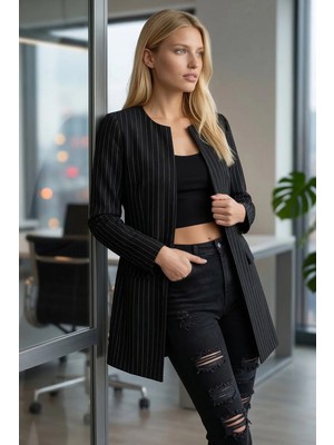 Armonika Kadın Siyah Beli Dikişli Uzun Ceket ARM-26K001091