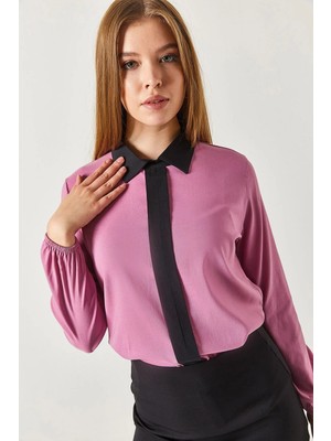 Armonika Kadın Gül Kurusu Önü Şeritli Gömlek Yaka Kolu Lastikli Bluz ARM-22Y001188
