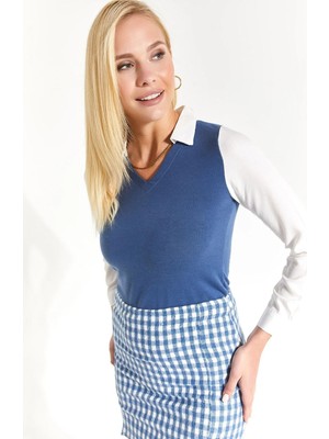 Armonika Kadın Koyu Mavi Yaka ve Kol Detaylı Bluz