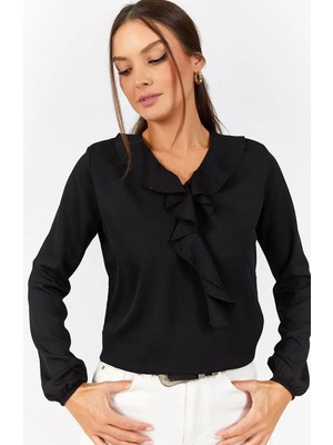 Armonika Kadın Siyah Yakası Fırfırlı Bluz ARM-22Y001150