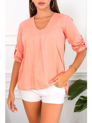 Armonika Kadın Somon V Yaka Pile Detaylı Kolu Apoletli Bluz ARM-23Y001094