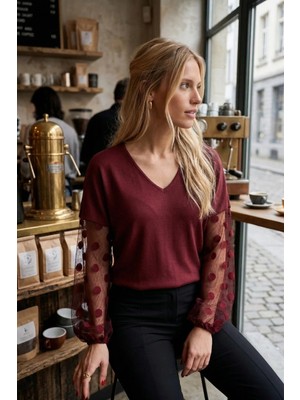 Armonika Kadın Bordo V Yaka Yarasa Kol Kolları Desenli Bluz ARM-26Y001065