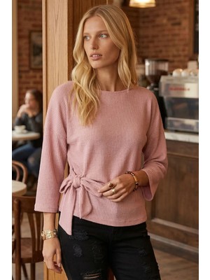 Armonika Kadın Pudra Sıfır Yaka Yumuşak Dokulu Yarasa Kol Önden Bağlamalı Bluz ARM-26K001021