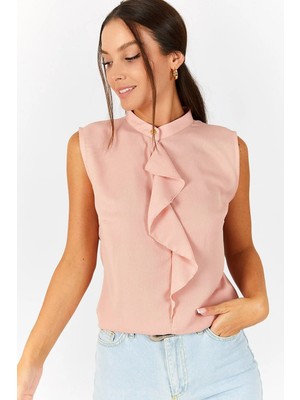 Armonika Kadın Somon Önü Fırfırlı Kolsuz Bluz ARM-22Y001022