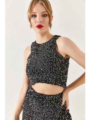 Armonika Kadın Halter Yaka Pul Payet Crop Bluz