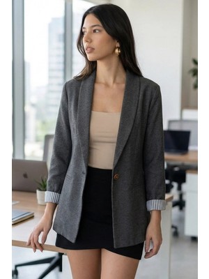 Armonika Kadın Antrasit Kol Içi Çizgili Tek Düğmeli Ceket ARM-22K001122