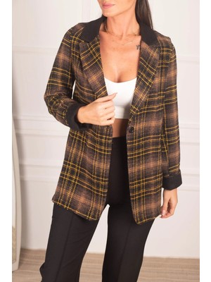 Armonika Kadın Kahve Yaka Detaylı Ekoseli Oversize Kaşe Ceket ARM-24K001029