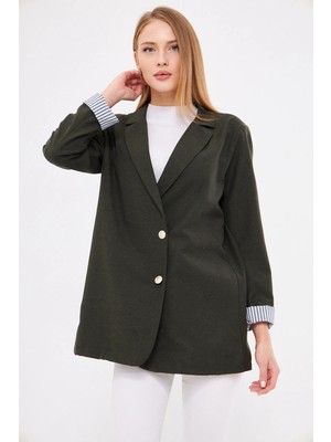 Armonika Kadın Haki Kruvaze Yaka Kolu Katlama Detaylı Oversize Vatkalı Blazer Ceket ARM-25K001015
