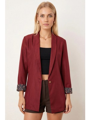 Armonika Kadın Bordo Kol Içi Leopar Desenli Tek Düğmeli Ceket ARM-26K001088