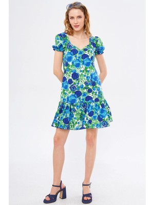 Armonika Kadın Mavi Dekaohto Elbise Kolu Lastikli Eteği Fırfırlı Sırtı Fermuarlı Mini Boy ARM-24Y001041