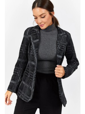 Armonika Kadın Antrasit Ekose Desen Tek Düğmeli Ceket ARM-22Y001163