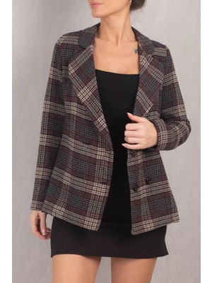Armonika Kadın Füme Ekose Desenli Dört Düğmeli Kaşe Ceket ARM-24K001058
