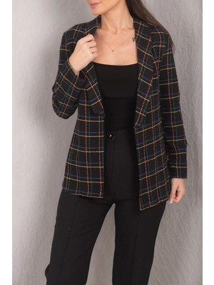 Armonika Kadın Sarı Şal Yaka Ekose Desen Tüvit Ceket ARM-24K001048