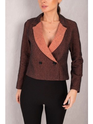 Armonika Kadın Turuncu Kruvaze Yaka Iki Renk Kaşe Crop Ceket ARM-24K001044