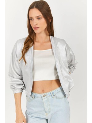 Armonika Kadın Gri V Yaka Beli Lastikli Bomber Ceket