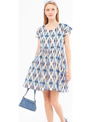 Armonika Kadın Mavi Etnik Desenli Beli Büzgülü Mini Elbise ARM-24Y001082