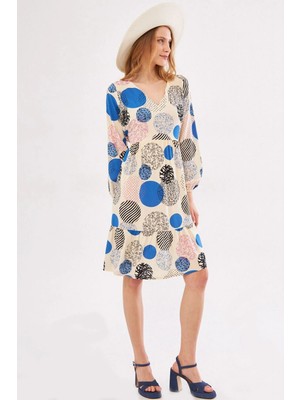 Armonika Kadın Saks V Yaka Beli Bağlamalı Fırfırlı Uzun Kol Elbise ARM-24Y001009