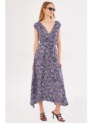 Armonika Kadın Mor Efta Elbise Arka ve Ön Yakası Kruvaze Kuşaklı Desenli Midi Boy ARM-24Y001027