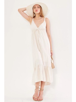 Armonika Kadın Krem Askıları Çiçekli Beli Eteği Büzgülü Astarlı Uzun Keten Görünümlü Elbise ARM-24Y024017