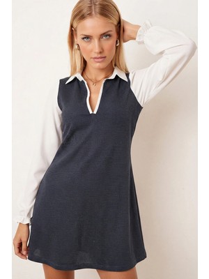 Armonika Kadın Koyu Mavi Gömlek Yaka Uzun Kollu Mini Elbise ARM-25K001050