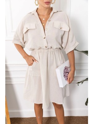 Armonika Kadın Krem Yarasa Kol Cepli Beli Lastikli Elbise ARM-23Y001076