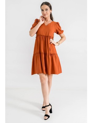 Armonika Kadın Kiremit V Yaka Kısa Kol Desenli Fırfırlı Elbise ARM-24Y001014