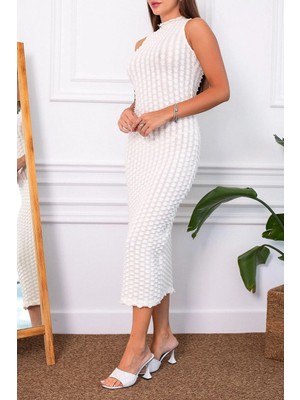Armonika Kadın Ekru Arkası Yırtmaçlı Halter Yaka Kalem Elbise ARM-23Y001103